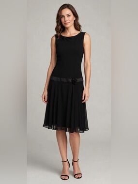 Vintage Cynthia Rowley Black Sleeveless Flared Midi Dress with Satin Waistband